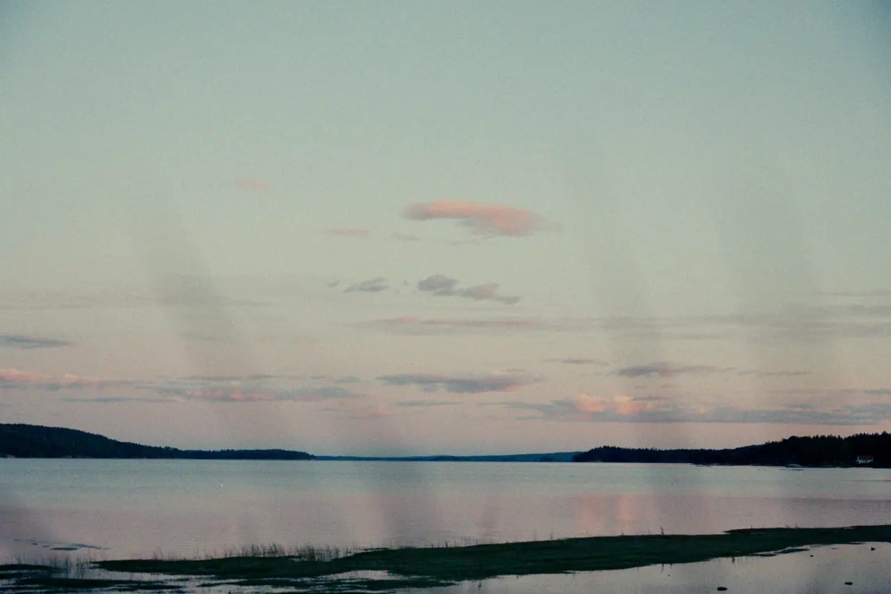 A calm lake at blue hour under a pale sky with soft pink clouds